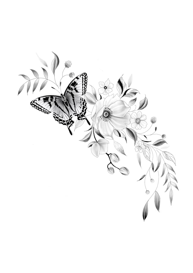 Fine line tattoo ontwerpen met bloemen en vlinders